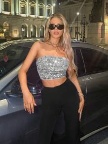 SHEIN ICON 銀色亮片短肚兜 - 銀色 - 查看 1