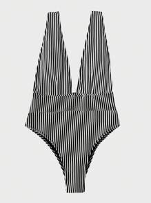 SHEIN Bañador una pieza de rayas de cuello profundo - Blanco y Negro - Ver 3