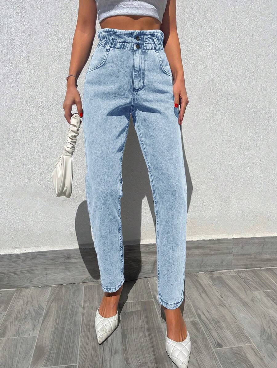 EURMUSE 100%纯棉纸袋腰妈妈款牛仔裤 - 藍色 - 查看 1