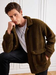 RueChic Men Flap Pocket Drop Shoulder Teddy Coat - Olive Green - View 3