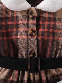 Váy Bé Gái Tương phản ren Túi Nút phía trước Hình học Sọc ca rô - màu nâu - Xem 7
