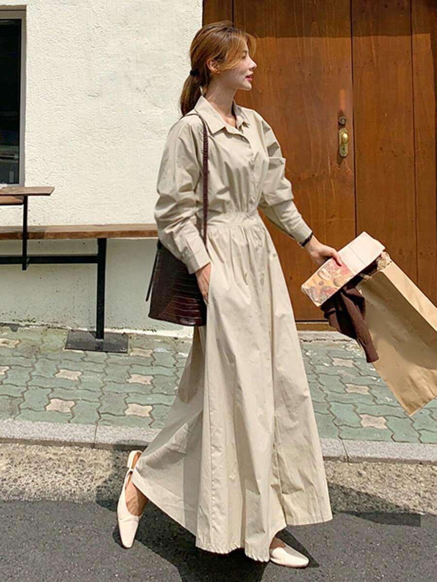 DAZY Vestido camisero unicolor con botón delantero - Caqui - Ver 1