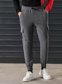 RueChic Men Flap Pocket Side Sweatpants - Dark Grey - View 3