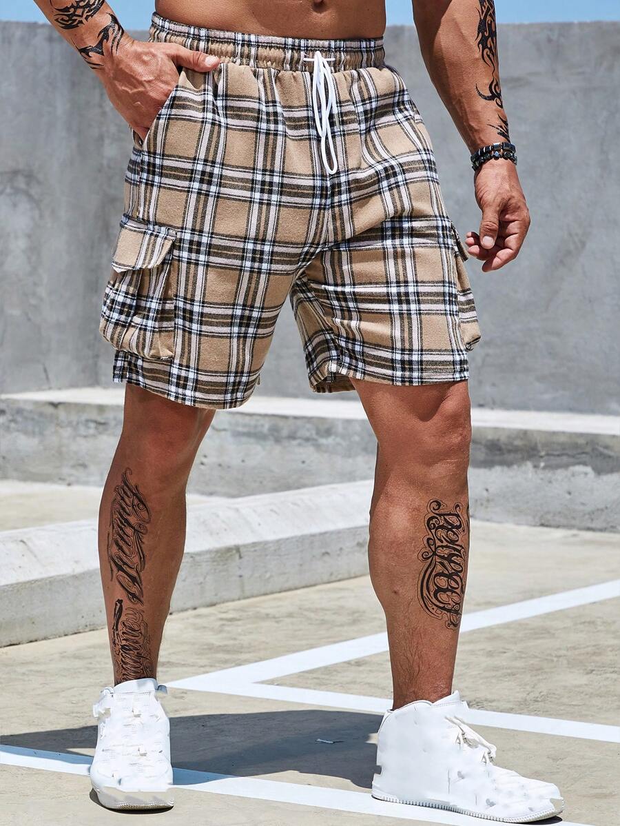 Manfinity Homme Men Plus Plaid Print Flap Pocket Drawstring Waist Shorts - Khaki - View 1