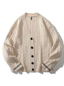 男士麻花編織條紋飾邊開襟衫 - 米色 - 查看 1