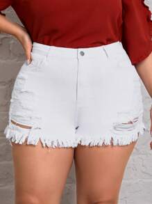 SHEIN Essnce Plus Ripped Raw Hem Denim Shorts - White - View 1