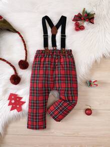 SHEIN Baby Girl Tartan Print Suspender Pants - Red - View 1
