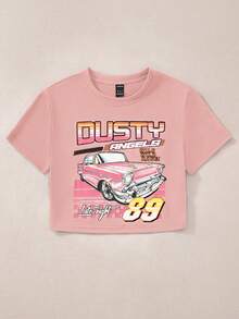 SHEIN Essnce 汽車和字母圖案短款T恤 - 粉色 - 查看 6