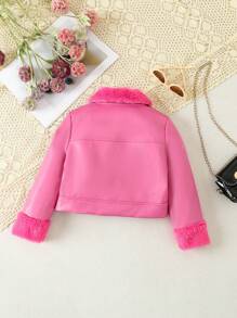 SHEIN Young Girl Teddy Panel Zip Up PU Jacket - Pink - View 2