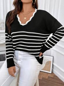 SHEIN Franclia Hơn Mẫu sọc Thả vai Áo len - Đen và trắng - Xem 6