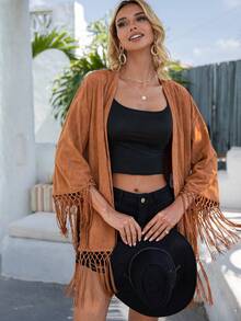 SHEIN VCAY 1入組流蘇邊開門襟蝙蝠袖外套 - 棕色 - 查看 5