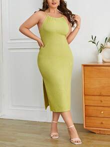 SHEIN Essnce Cộng với váy Cami xẻ đùi - màu xanh lá - Xem 3