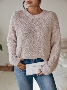 SHEIN LUNE Popcorn Knit Drop Shoulder Split Hem Sweater - Apricot - View 4