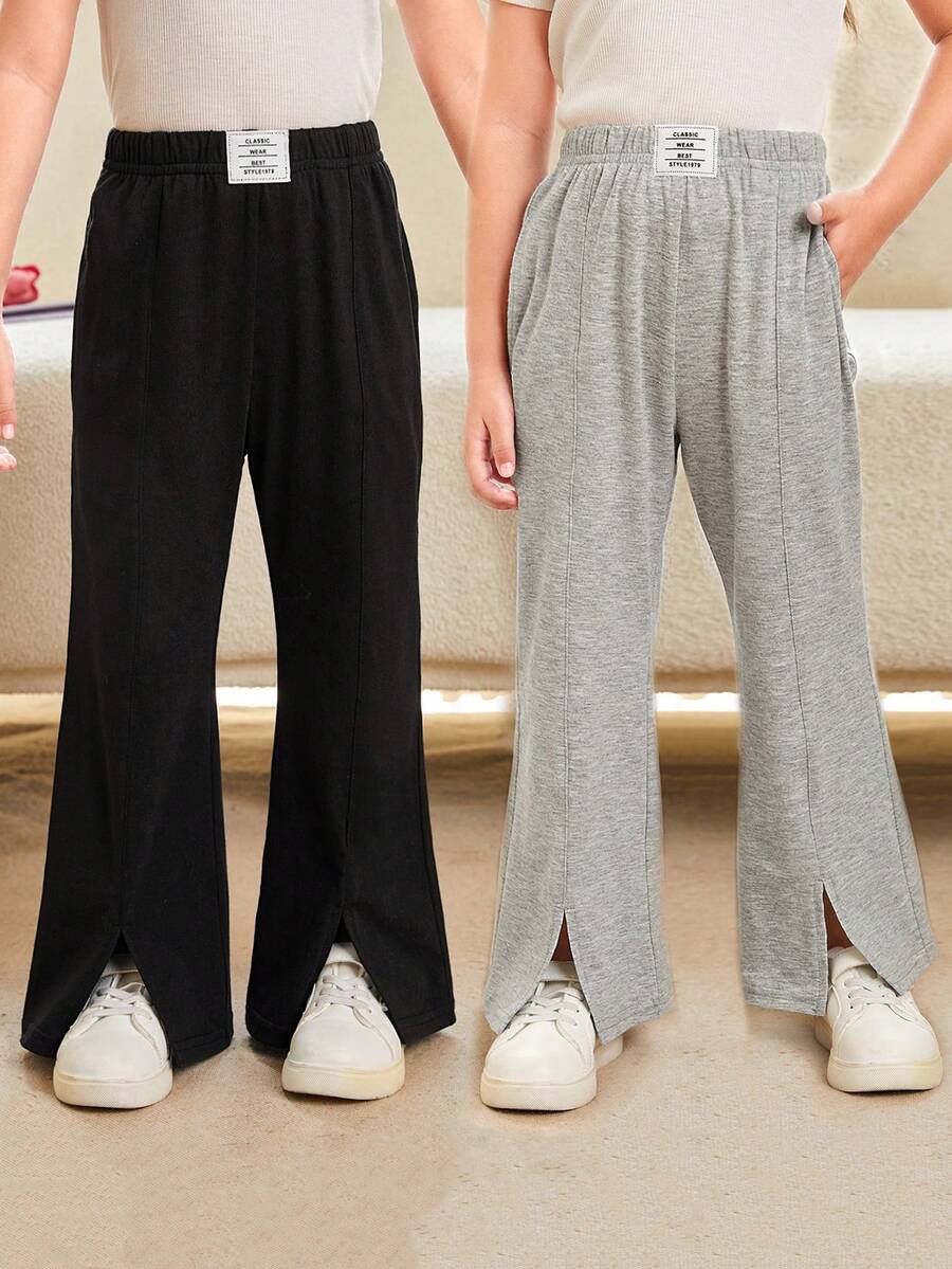 SHEIN 女小童2入組字母補丁細節下擺開叉喇叭褲 - 彩色 - 查看 1
