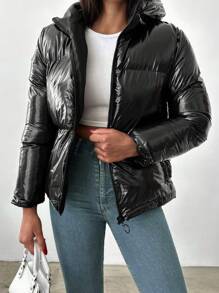 EURMUSE Zip Up Puffer Coat - Black - View 5