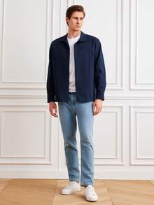 RueChic Men Solid Button Front Shacket - Navy Blue - View 6