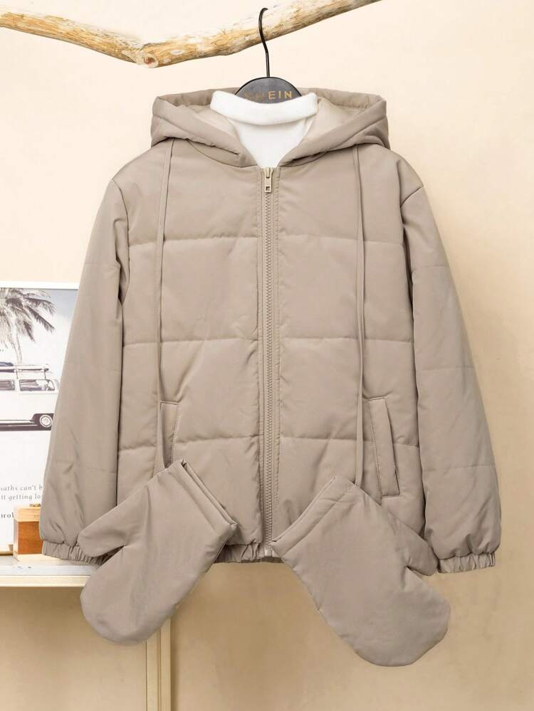 Tween Boy 1pc Zipper Hooded Padded Coat With Gloves