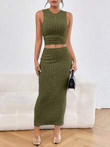 SHEIN Essnce Chất rắn Crop Tank Top & Váy bút chì - xanh quân đội - Xem 1