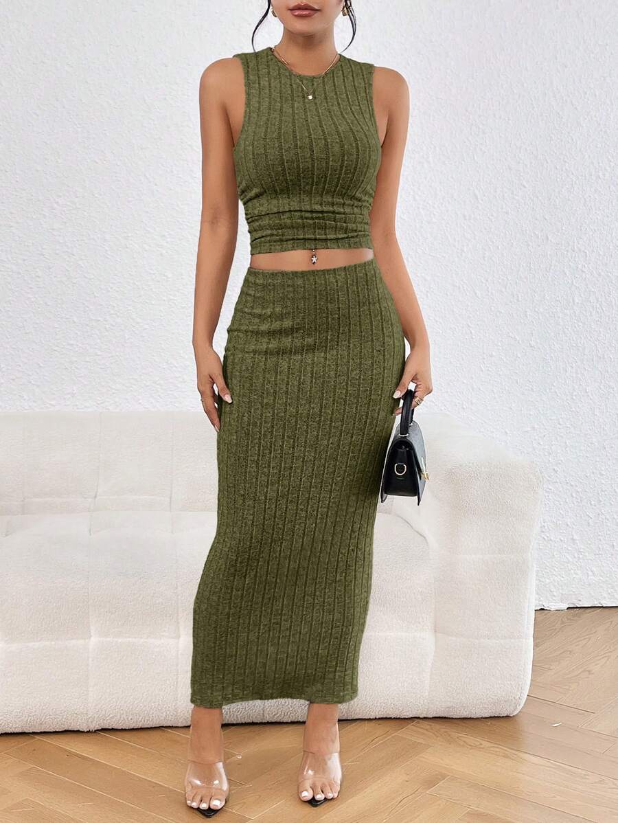 SHEIN Essnce Chất rắn Crop Tank Top & Váy bút chì - xanh quân đội - Xem 1