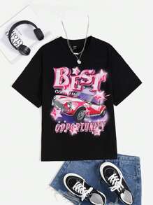 SHEIN EZwear 汽車和字母圖案T恤 - 黑色 - 查看 1