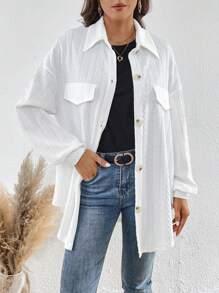 SHEIN LUNE Drop Shoulder Flap Detail Button Front Coat - White - View 1