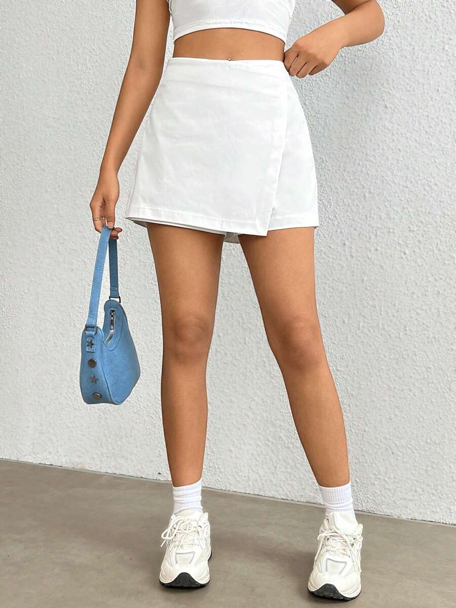 SHEIN EZwear 高腰圍裹下擺裙裤 - 白色 - 查看 1