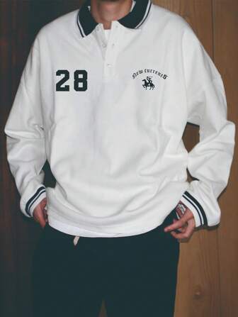 Manfinity Campus Court 男士宽松字母图案条纹 Polo 衫，长袖图案拼色都市休闲 Polo 衫，男友礼物，秋季