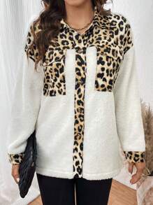 SHEIN LUNE Leopard Print Drop Shoulder Teddy Coat - Multicolor - View 4