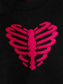 SHEIN Young Girl Skeleton Pattern Drop Shoulder Sweater - Black - View 4