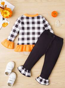 Babymeisje Grafische cartoonprint Flounce mouw Rucheszoom T-shirt & Strik aan de achterkant Broeken