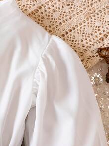 Đứa bé gái Nút phía trước Thắt lưng Tay áo lồng đèn Đầm - trắng - Xem 6