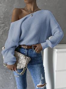 SHEIN LUNE Áo len chui đầu dệt kim gân sọc, không lưng, vai rớt, kiểu dáng xoắn, thích hợp cho mùa thu đông. - Màu xanh nhạt - Xem 5