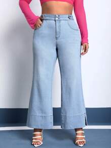 SHEIN Essnce Hơn Cao eo quần ống rộng Quần jean - Màu xanh lam - Xem 3
