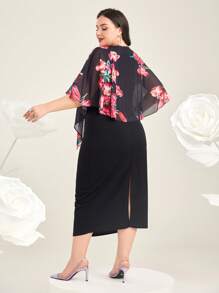 Modelyn 大碼印花斗篷袖後背開衩洋裝 - 彩色 - 查看 2