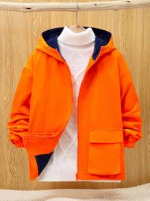 SHEIN Tween Boy 1pc Flap Pocket Drop Shoulder Thermal Lined Hooded Coat - Multicolor - View 4