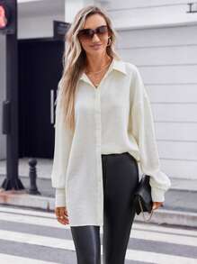 SHEIN Essnce Drop Shoulder Button Front Shirt - Apricot - View 3