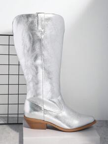 SHUZIA Metallic Faux Leather Knee High Boots Cowboy Boots - Silver - View 6