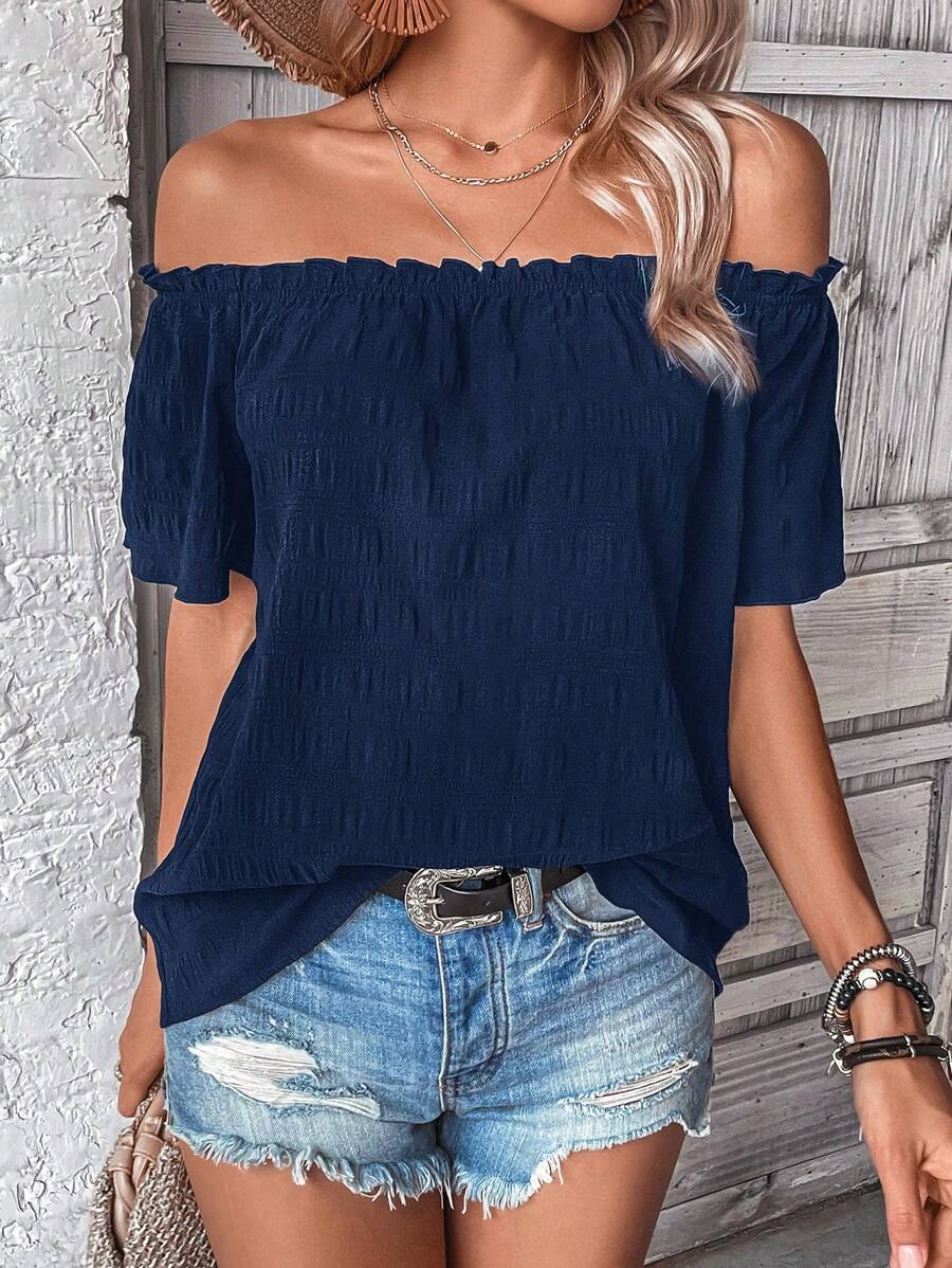 EMERY ROSE Off Shoulder Frill Trim Blouse - Navy Blue - View 1