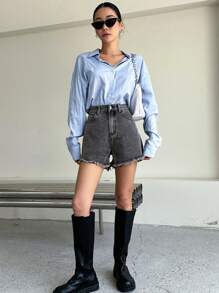 DAZY 毛邊牛仔短褲不附腰帶 - 灰色 - 查看 3