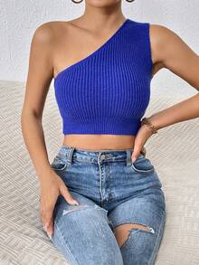 SHEIN Essnce Một bờ vai Áo đan Crop - Xanh đậm - Xem 4