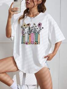 SHEIN EZwear 印花落肩T恤 - 白色 - 查看 5