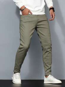 Manfinity Homme Men Solid Slant Pocket Skinny Jeans Slim Fit Long Washed Skater Jean Cargo Plain Olive Green Work Business Casual Husband - Olive Green - View 1