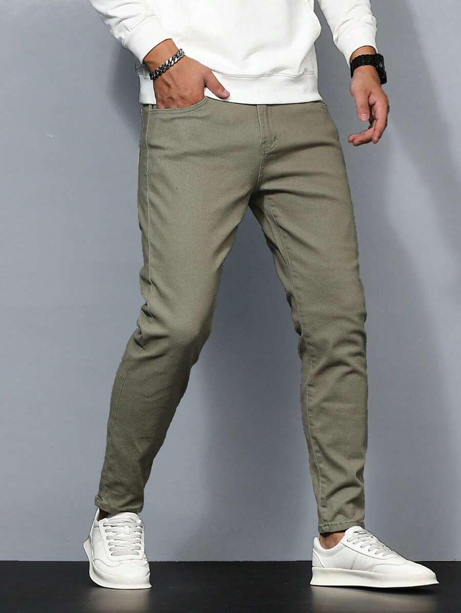 Manfinity Homme Men Solid Slant Pocket Skinny Jeans Slim Fit Long Washed Skater Jean Cargo Plain Olive Green Work Business Casual Husband - Olive Green - View 1