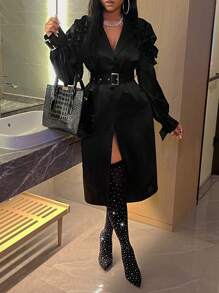 Slaydiva Solid Lapel Neck Belted Coat - Black - View 5