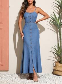 SHEIN Nút phía trước Váy denim Cami - Rửa trung bình - Xem 6