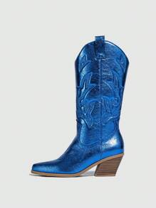 Western Style Embroidery Block Heel Winter Women's Slip-on Boots - Blue - View 5