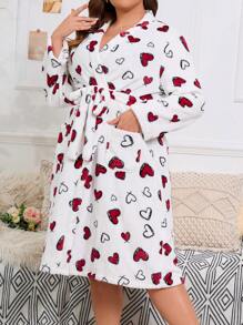 Snug Zone Plus Size Cute Flannel Heart Print Long Robe With Belted Regular Sleeve And Pockets, For Fall Winter, Fluffy, Cozy - Red and White - View 5