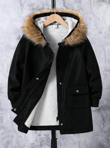 Tween Boy Teddy Lined Fuzzy Trim Hooded Coat