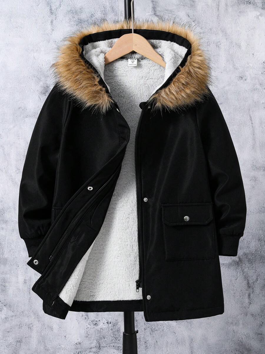 Tween Boy Teddy Lined Fuzzy Trim Hooded Coat
