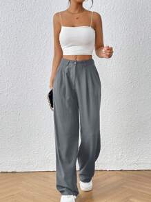 SHEIN Frenchy 拼接細節直筒西裝褲 - 灰色 - 查看 1